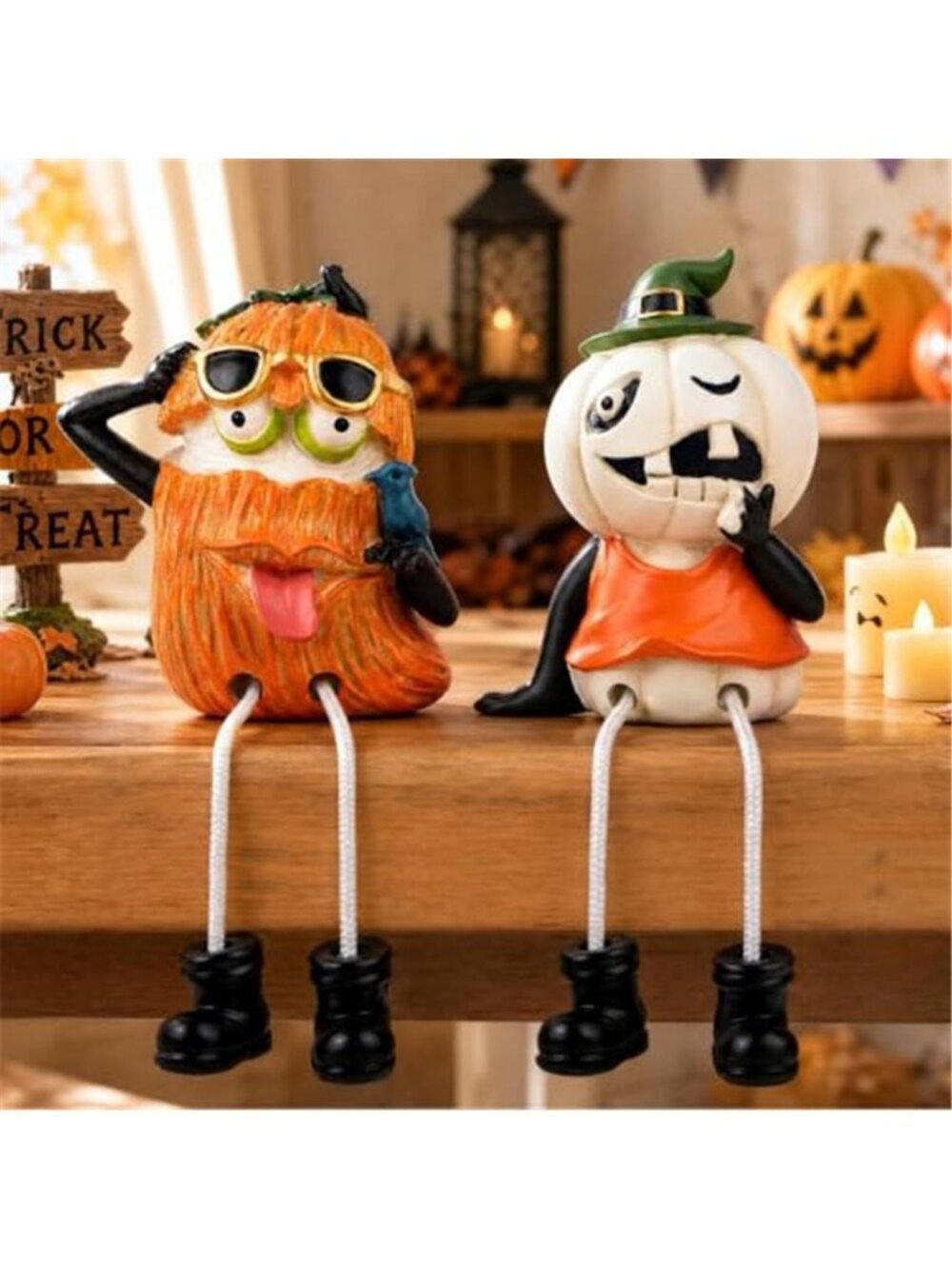 Set of 2 Shelf Sitter Figurine, Halloween Pumpkins with Dangling Legs